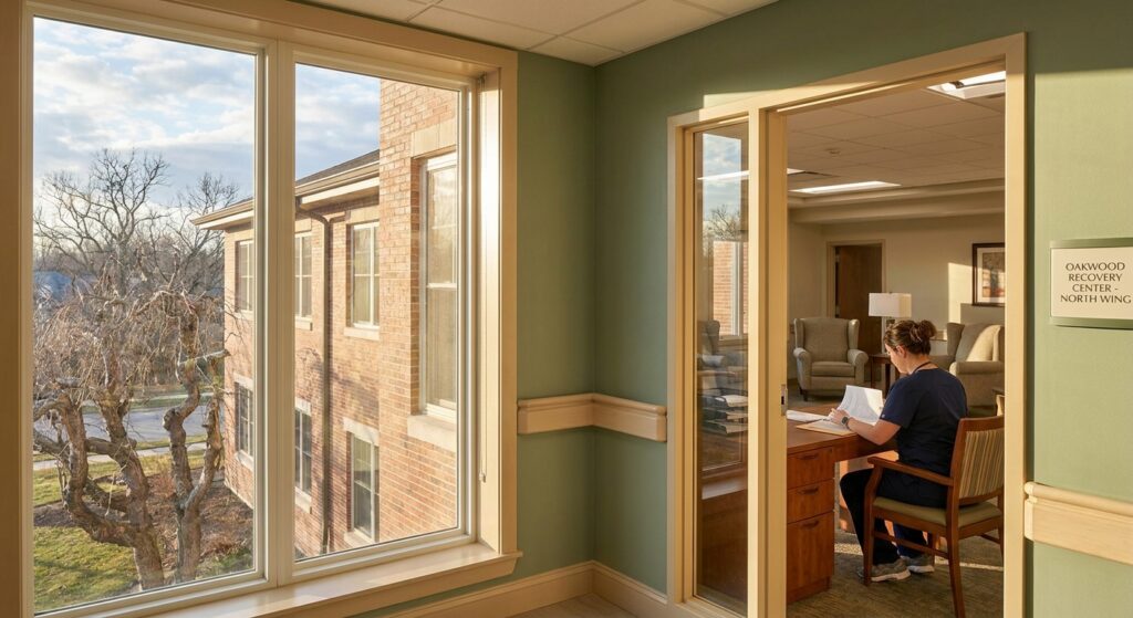 Hallway connecting detox and residential treatment areas at Midwest Detox Center in Maumee, Ohio, showing integrated facility design