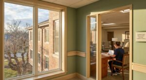 Hallway connecting detox and residential treatment areas at Midwest Detox Center in Maumee, Ohio, showing integrated facility design