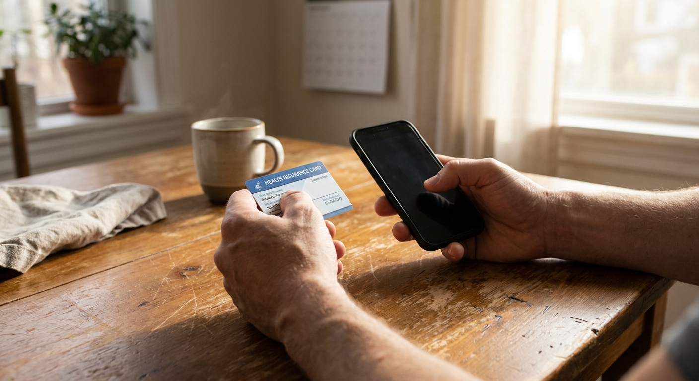 Hands holding an Aetna insurance card and smartphone on a kitchen table, preparing to call about detox coverage