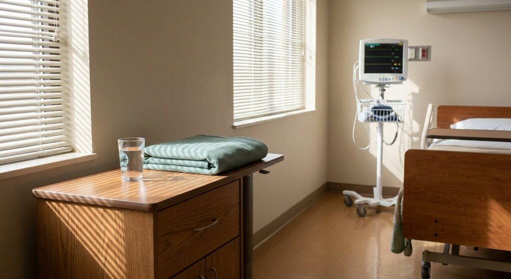 Peaceful medical detox room at treatment center with monitoring equipment and natural morning light