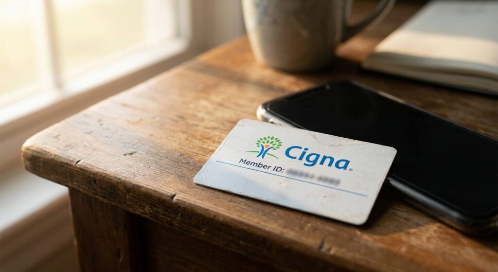 Cigna insurance card on table next to phone, representing the moment before calling to verify detox coverage