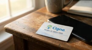 Cigna insurance card on table next to phone, representing the moment before calling to verify detox coverage