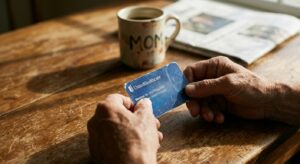 Parent's hands holding UnitedHealthcare insurance card at kitchen table, representing the moment before calling about detox coverage