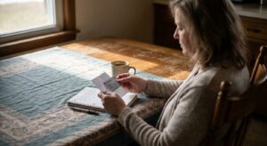 A woman sits at a kitchen table in soft afternoon light, holding an insurance card above a handwritten note and a cooling cup of coffee.