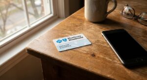Blue Cross Blue Shield insurance card on table next to smartphone in natural light