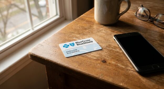 Blue Cross Blue Shield insurance card on table next to smartphone in natural light